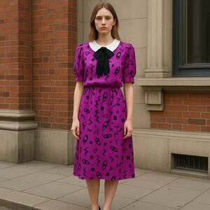 Vintage 80s JB Too Purple Print Midi Dress with White Collar & Black Bow Size 10